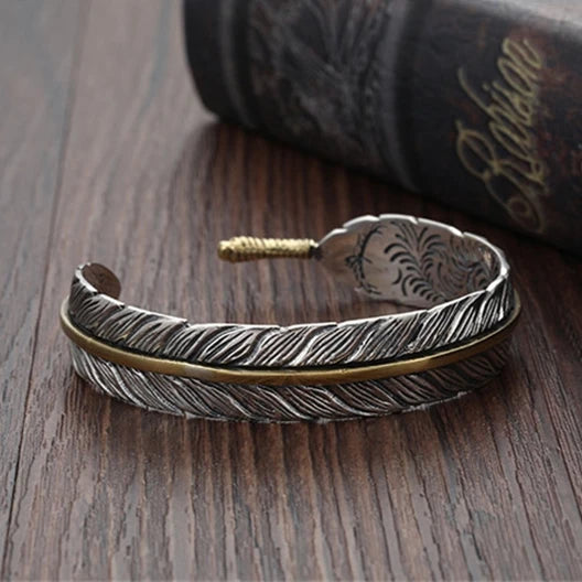 Wild Spirit Feather Cuff  Adjustable Silver Bracelet for Men