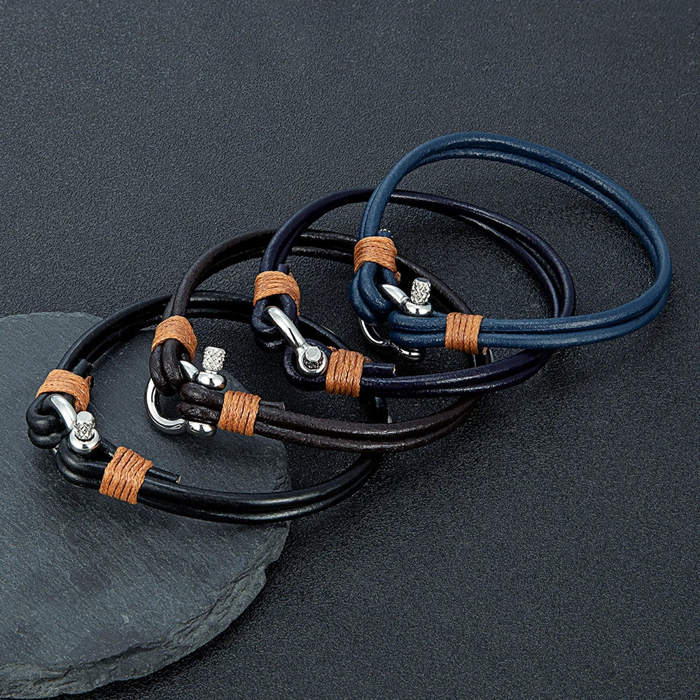 Horseshoe Shackle Leather Bracelet - Stainless Steel