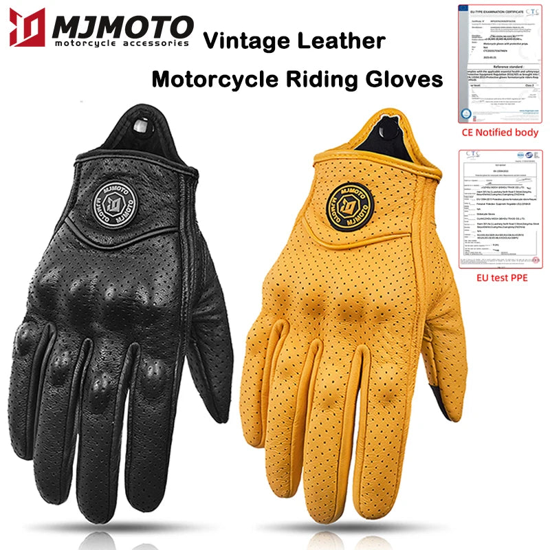 Black and yellow vintage leather motorcycle riding gloves with MJMOTO branding.