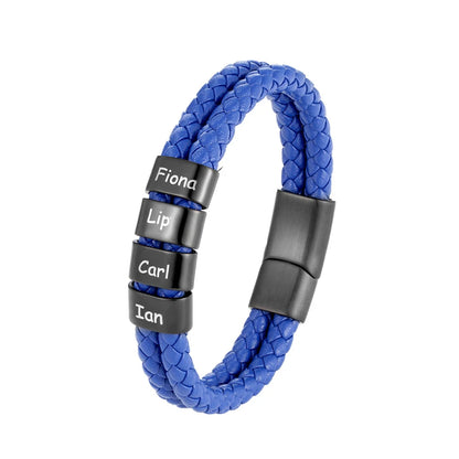 Custom Family Name Braided Leather Bracelet for Men Personalized Stainless Steel Charm