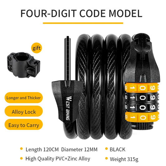 Bike Cable Lock Anti-Theft Password Security for MTB, Road, Scooter & Motorcycle