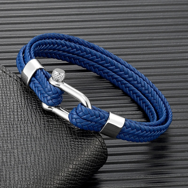 Nautical Anchor Bracelet - Braided Leather, Stainless Steel