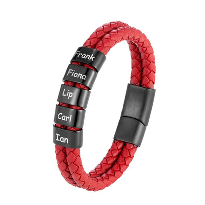 Custom Family Name Braided Leather Bracelet for Men Personalized Stainless Steel Charm