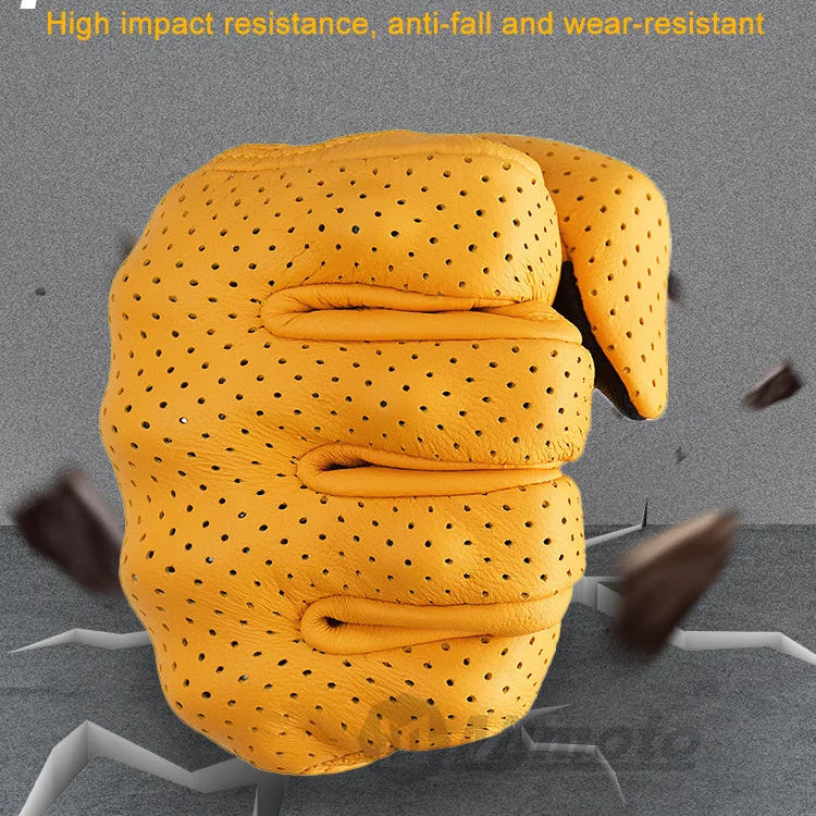 Yellow glove with built-in protective case on a gray background, featuring Mj Moto branding.