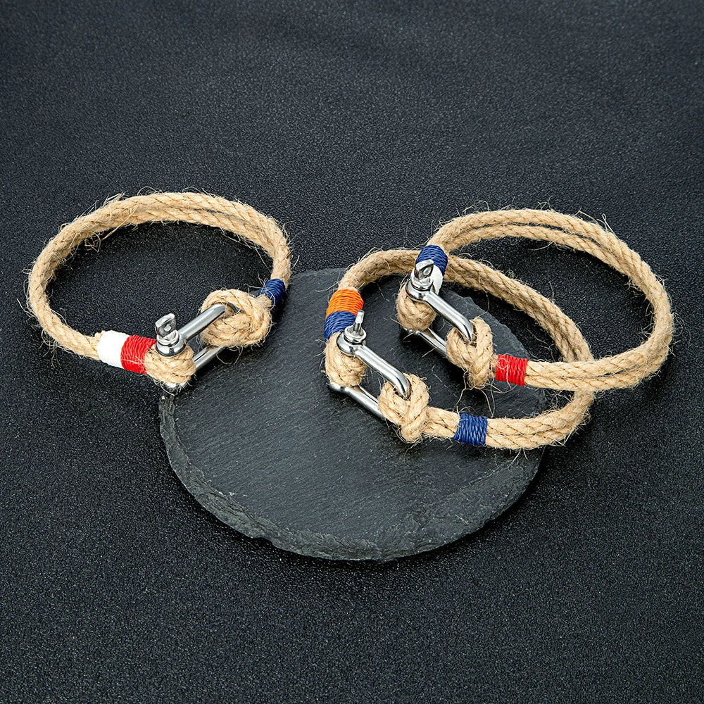 Hemp Rope Bracelet - Stainless Steel Shackle