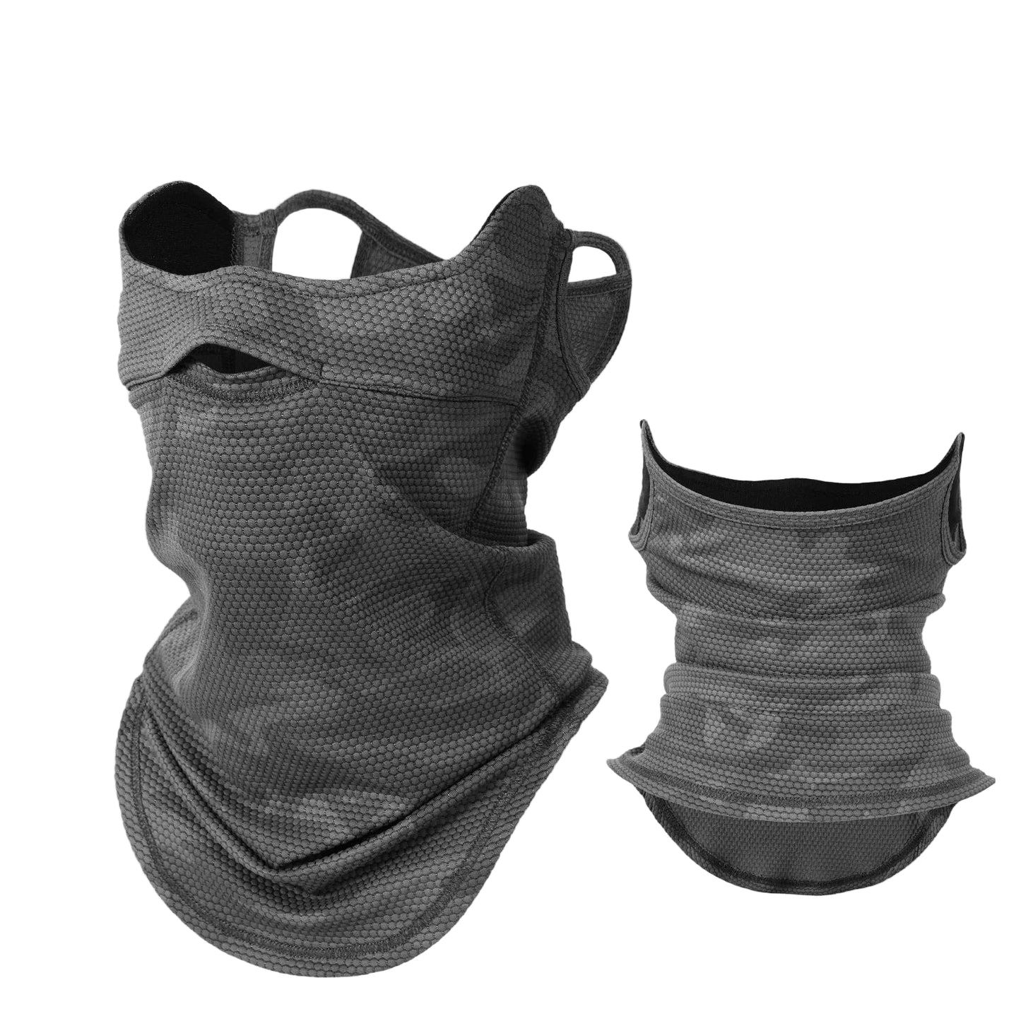 Black neck gaiter with mesh design on a white background, featuring the Jiusuyi brand logo.