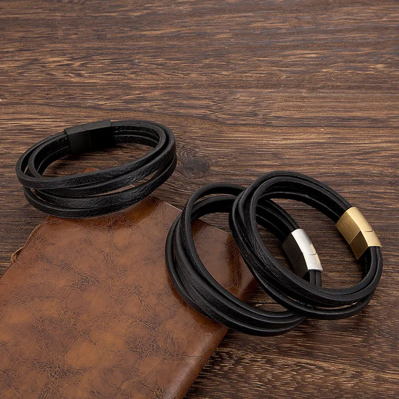 Leather & Black Steel Bracelet for You Stylish and Elegant