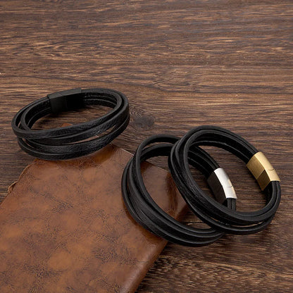 Leather & Black Steel Bracelet for You Stylish and Elegant