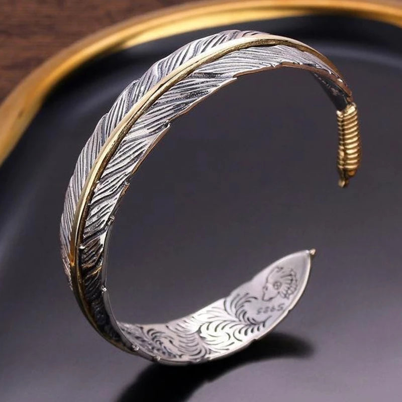 Feather Cuff Bracelet Adjustable Metal Bangle for Men & Women