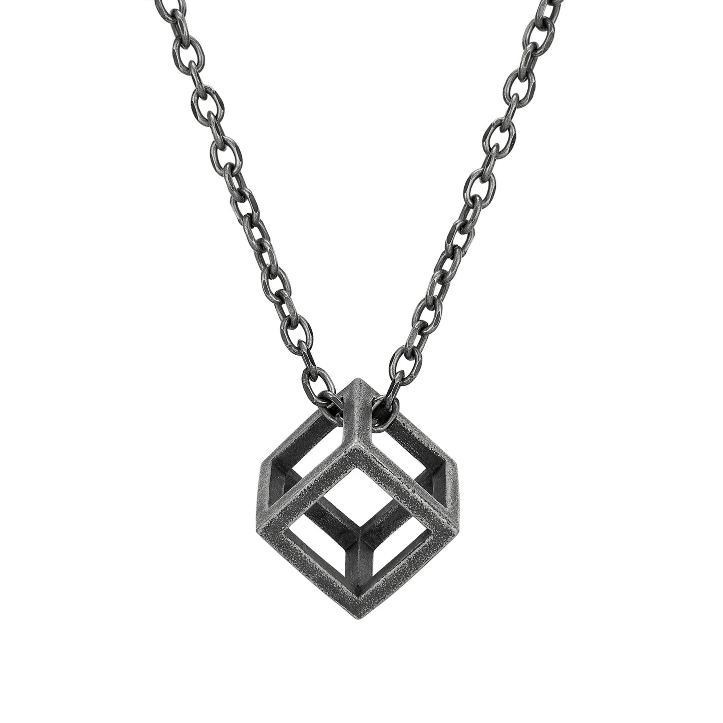 Geometric pendant necklace on a white background