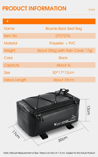 Bolsa de sillín impermeable 4L - Reflectante, cubierta para lluvia, 30x17x12cm, para bicicleta y motocicleta