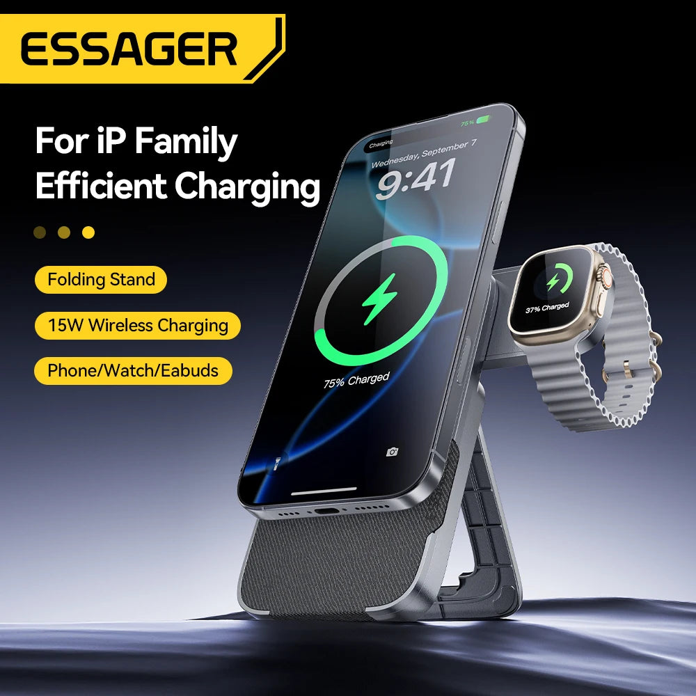 3-in-1 Wireless Charger Stand - 15W MagSafe Fast Charging for iPhone, AirPods & Apple Watch