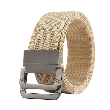 Beige belt with a silver buckle on a white background, featuring the brand 'MaiKun'.