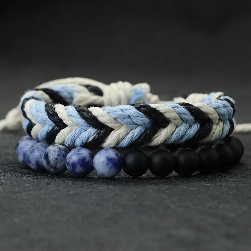Noter New 2Pcs/Set Men Bracelet Handmade Weaven Adjustable Cord Chain Braslet 8mm Natural Lava Tiger Eyes Stone Braclet Homme deideas