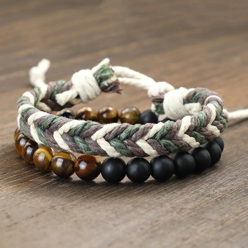 Noter New 2Pcs/Set Men Bracelet Handmade Weaven Adjustable Cord Chain Braslet 8mm Natural Lava Tiger Eyes Stone Braclet Homme deideas