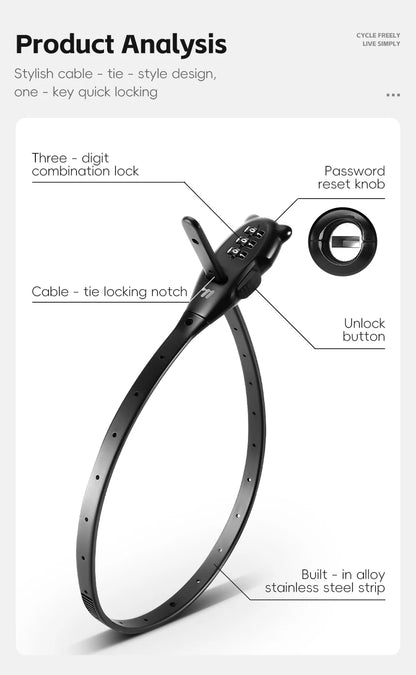 Candado de Combinación con Cable Portátil - Aleación de Zinc, 3 Dígitos, 31cm y 53cm, Casco y Bicicleta