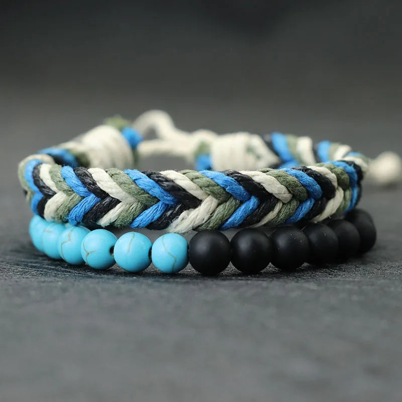 Noter New 2Pcs/Set Men Bracelet Handmade Weaven Adjustable Cord Chain Braslet 8mm Natural Lava Tiger Eyes Stone Braclet Homme deideas