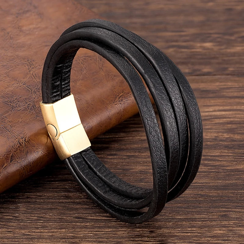 Leather & Black Steel Bracelet for You Stylish and Elegant