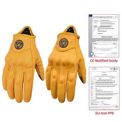 Yellow gloves with a brand logo on a white background, accompanied by CE notified body and EU test PPE documents.