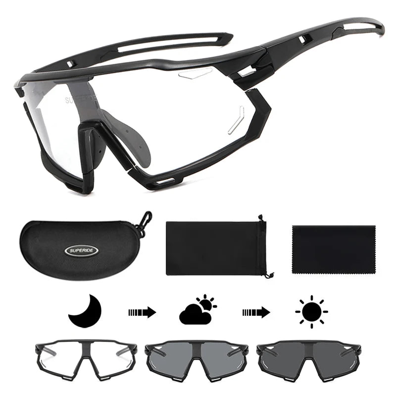 Photochromic Cycling Sunglasses - UV400, 152mm Wide, CE Certified, With/Without Case