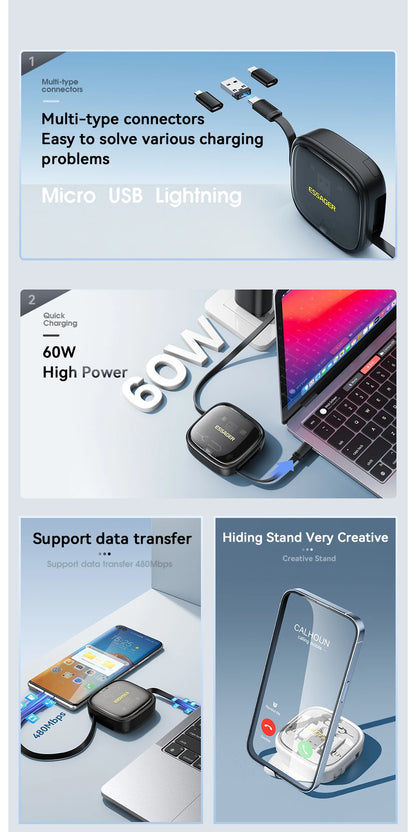 60W Fast Charger Travel Kit - 3-in-1 USB-C Cable, Storage Box & Phone Stand