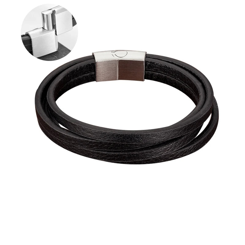 Leather & Black Steel Bracelet for You Stylish and Elegant