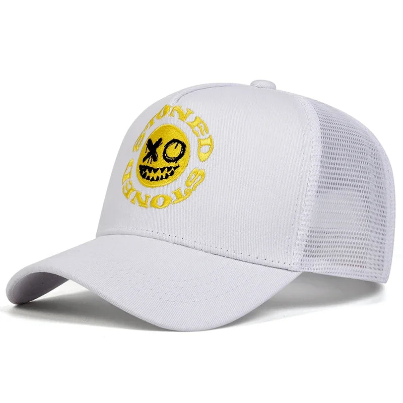 STONED Smiley Face Baseball Cap - Mesh Trucker Hat Unisex