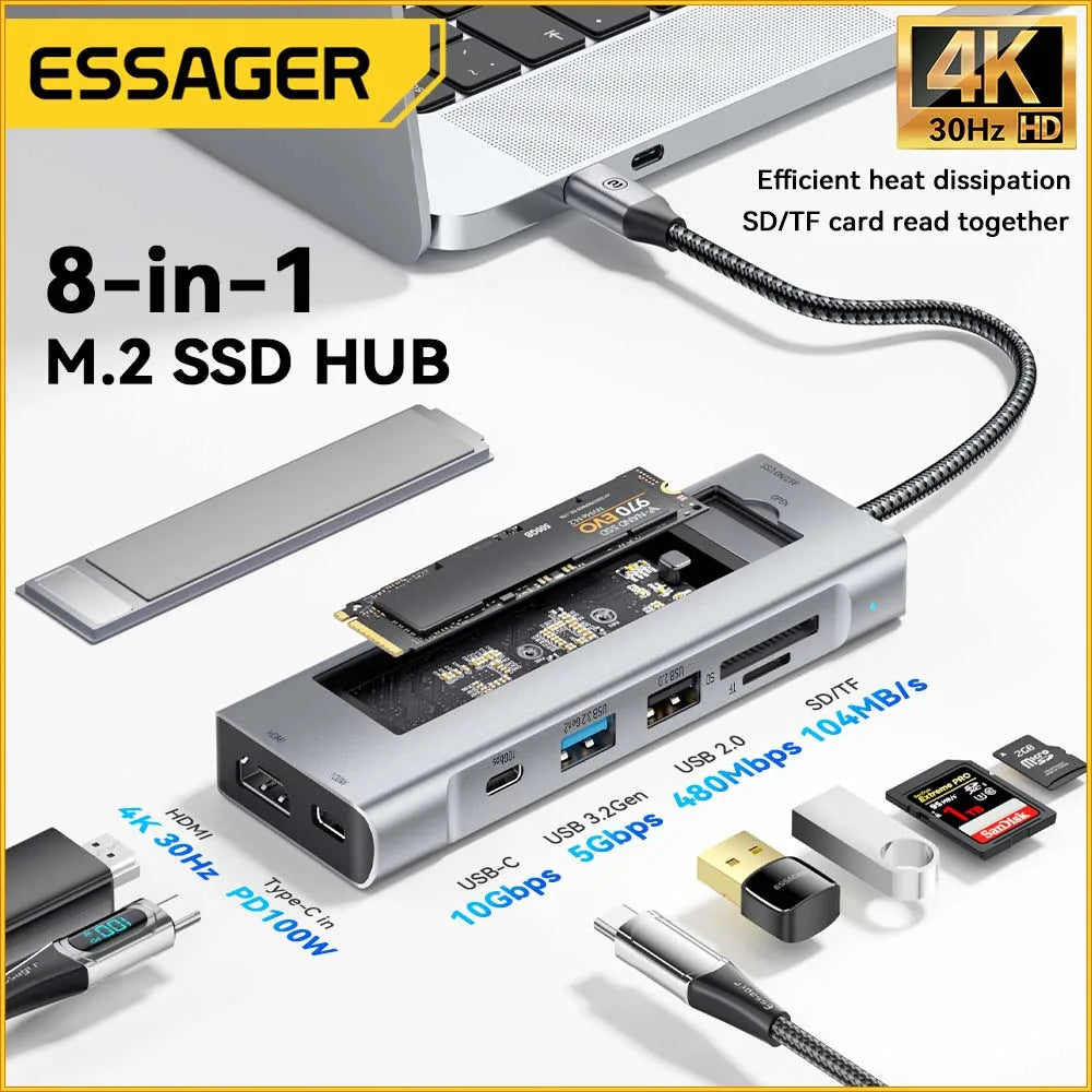 USB-C Hub 8-in-1 with SSD Storage - 4K HDMI, 100W PD, SD Card Reader | Universal Laptop Dock 2018+
