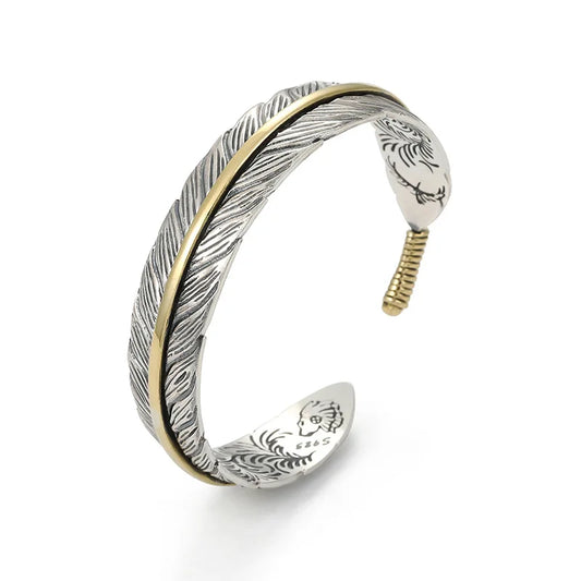 Wild Spirit Feather Cuff  Adjustable Silver Bracelet for Men