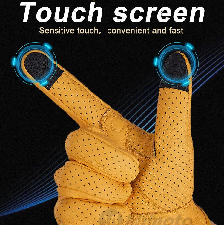 Yellow glove with touch screen fingertips on a black background, featuring the brand 'mjmoto'.