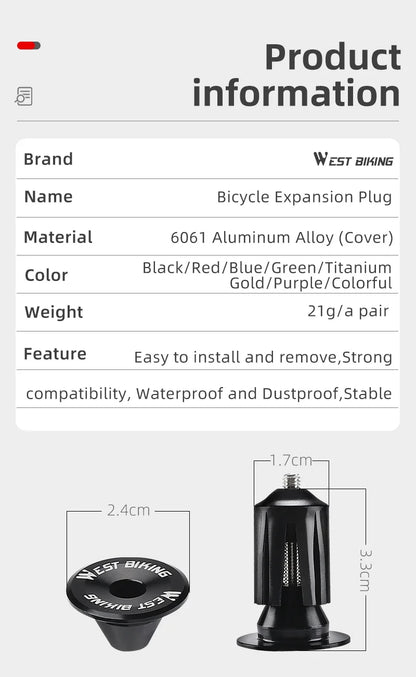 Aluminum Alloy Handlebar Bar End Plugs - 6061, Mechanical Expansion, 8 Colors