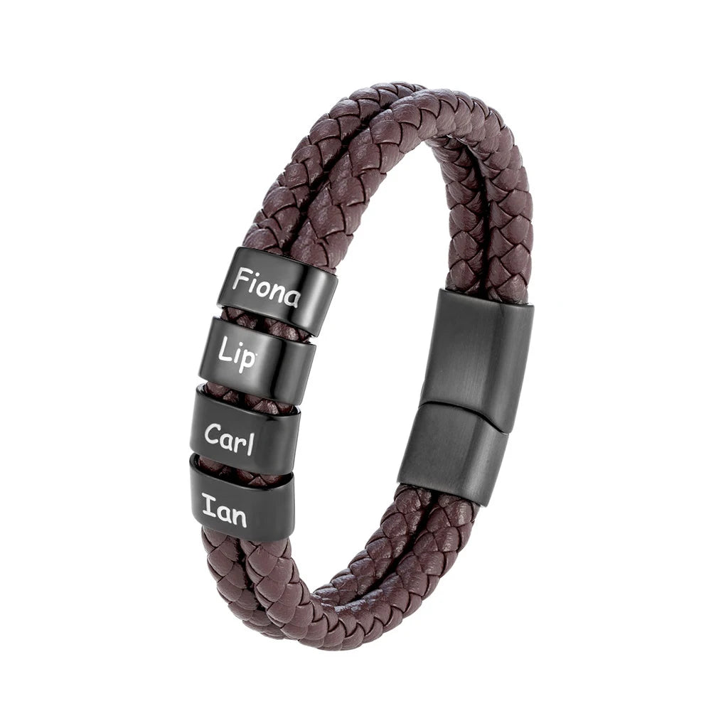 Custom Family Name Braided Leather Bracelet for Men Personalized Stainless Steel Charm
