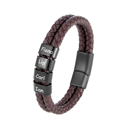 Custom Family Name Braided Leather Bracelet for Men Personalized Stainless Steel Charm