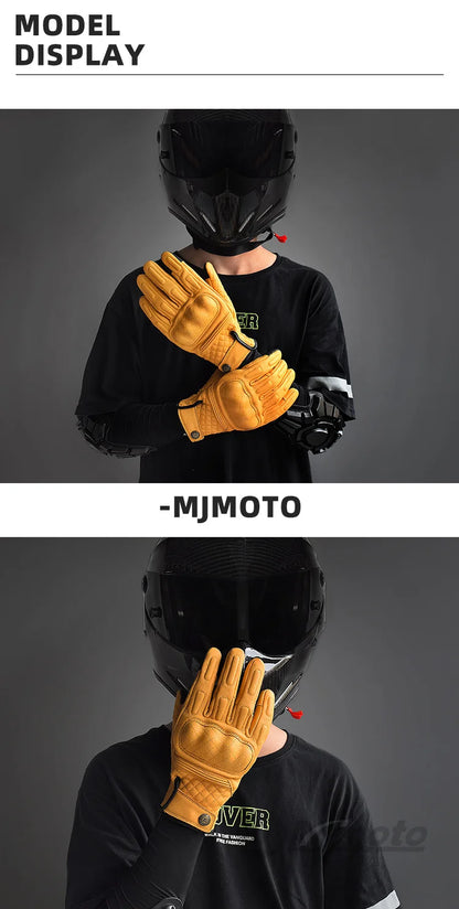 Person wearing a black helmet and black shirt with 'MJMOTO' branding, holding brown leather gloves.