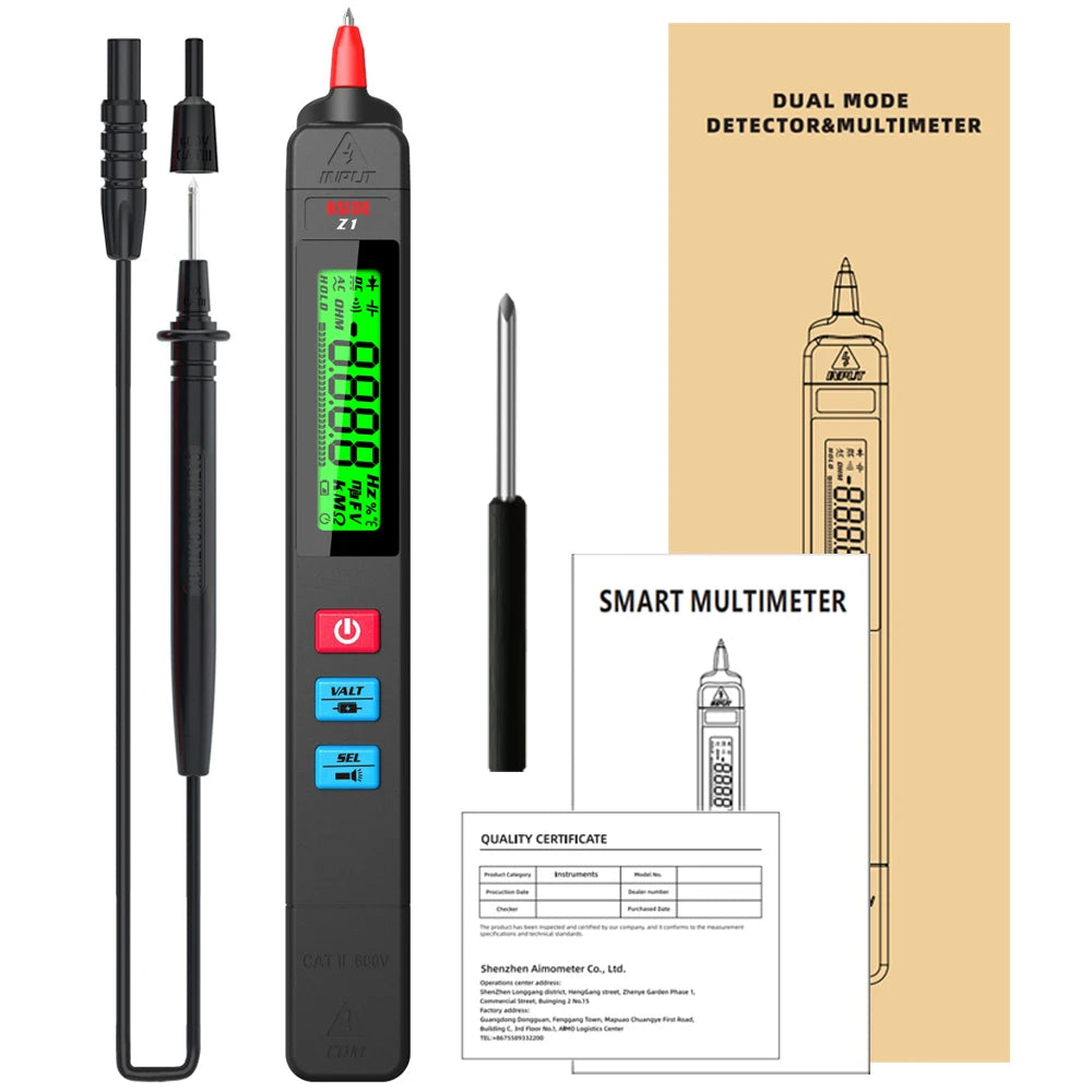 Digital multimeter, voltage detector, tester, contactless smart electric pen, NCV, live cable continuity test, Hz ohms, DC, AC meter
