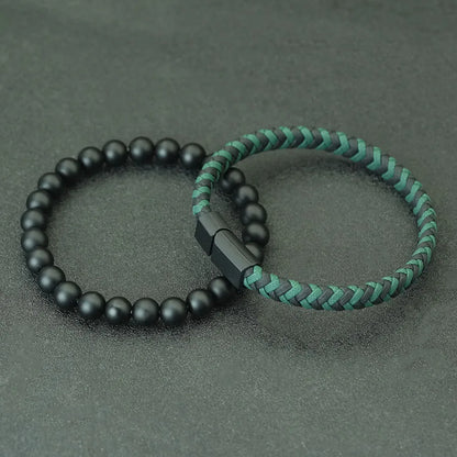 Noter 2Pcs Bracelets Exclusifs Pour Hommes 8mm Onyx Stone Strand Braclet Handmade Weaven Leather Braslet Perfect Gift For Him deideas