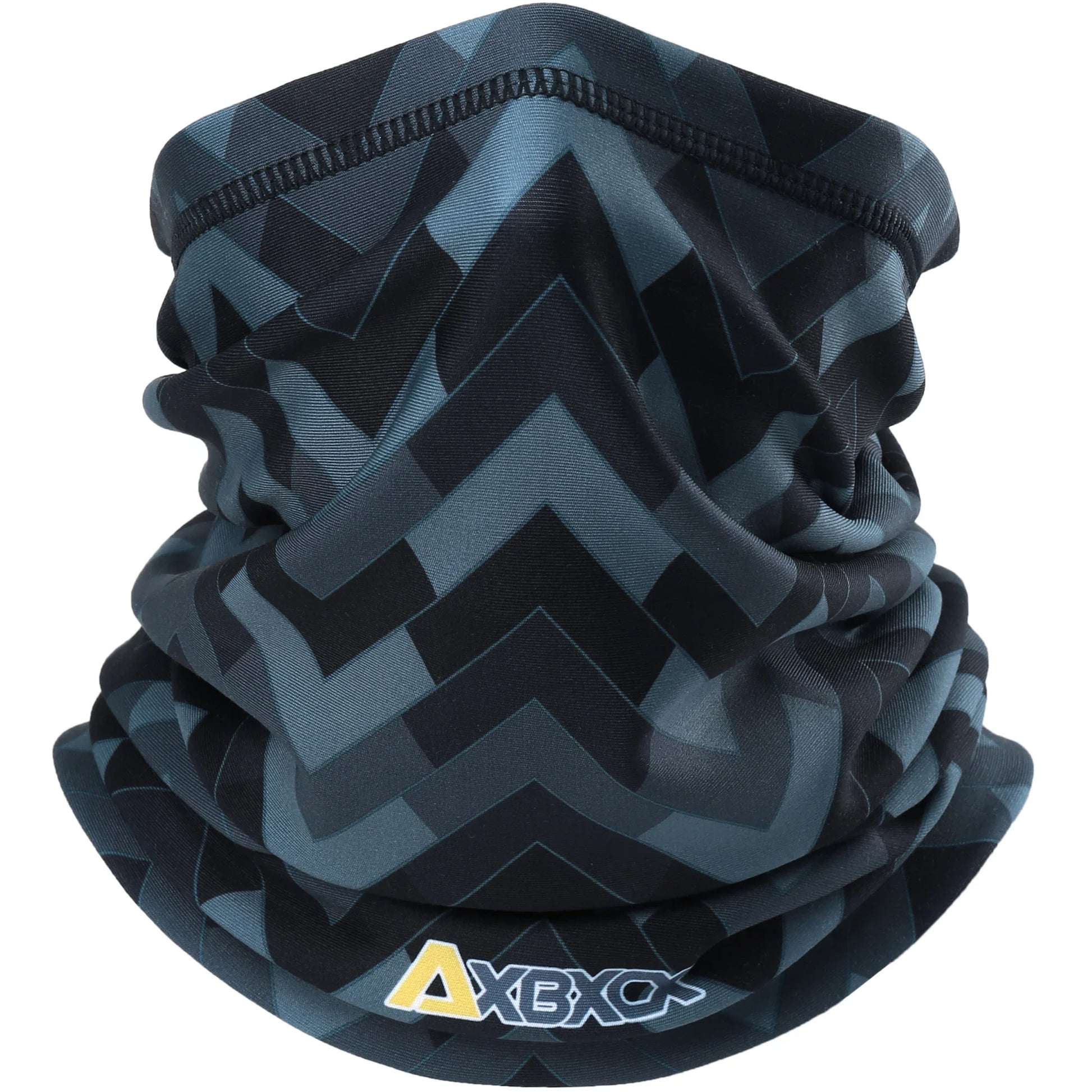 Neck gaiter with black and gray chevron pattern on a white background