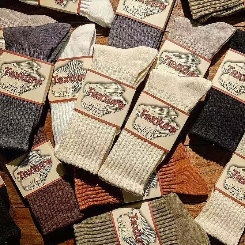 Calcetines Retro Gruesos de Algodón – Tripulantes de Punto de Media Caña para Hombre (Negro / Beige / Café)