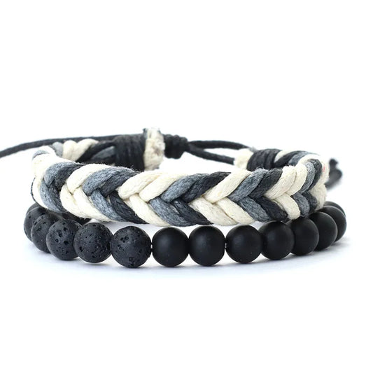 Noter New 2Pcs/Set Men Bracelet Handmade Weaven Adjustable Cord Chain Braslet 8mm Natural Lava Tiger Eyes Stone Braclet Homme deideas