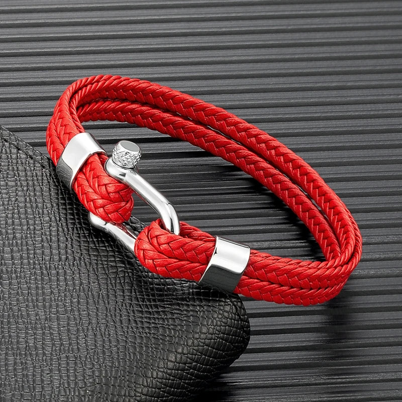 Nautical Anchor Bracelet - Braided Leather, Stainless Steel
