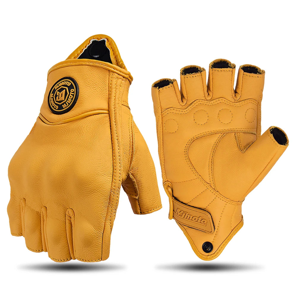 Pair of yellow leather gloves with a brand logo on a white background