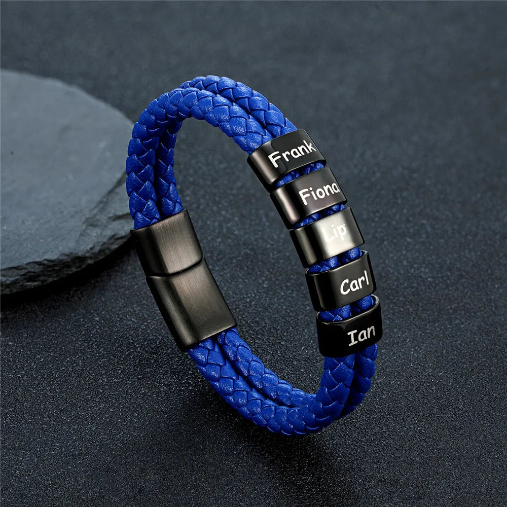 Custom Family Name Braided Leather Bracelet for Men Personalized Stainless Steel Charm