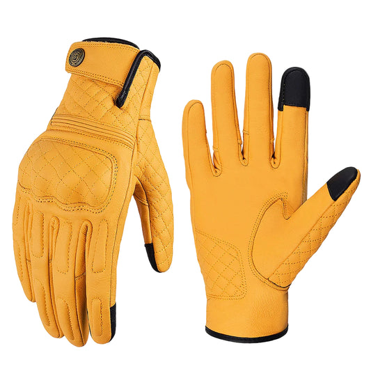 Yellow motorcycle gloves with black accents on a white background, featuring the MJMOTO brand.