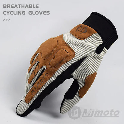 Breathable cycling glove with brown and white design on a gray background, featuring the brand 'Miomoto'.