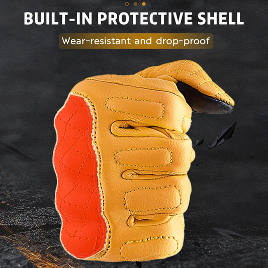 Yellow glove with red padding on a dark background, highlighting protective features.