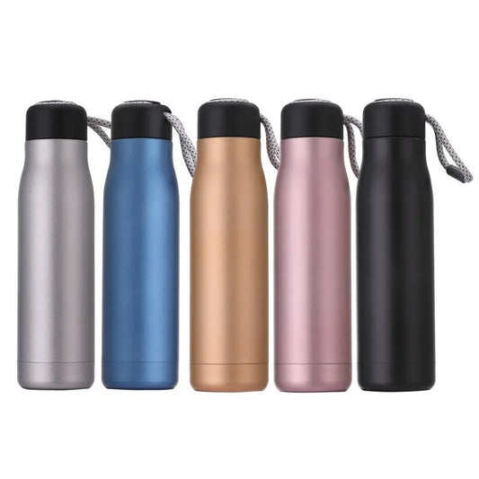 Vacuum Thermos Bottle - Stainless Steel, 550ml, Carry Rope, 5 Colors, Hot & Cold