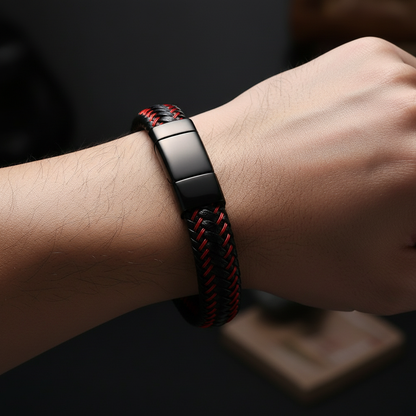 Braided Leather Bracelet - Close-up Black Red Detail