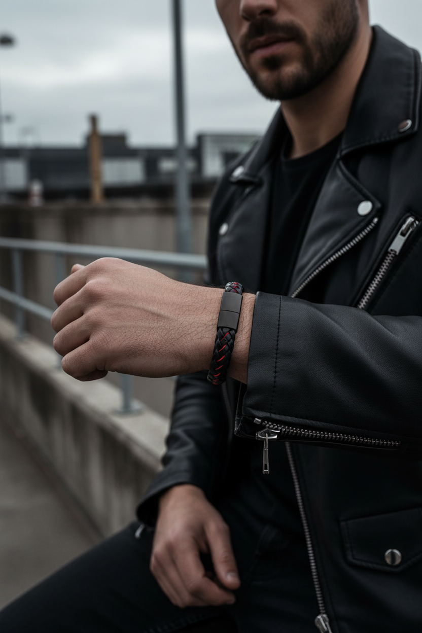 Braided Leather Bracelet - Male Dark Urban Black Red