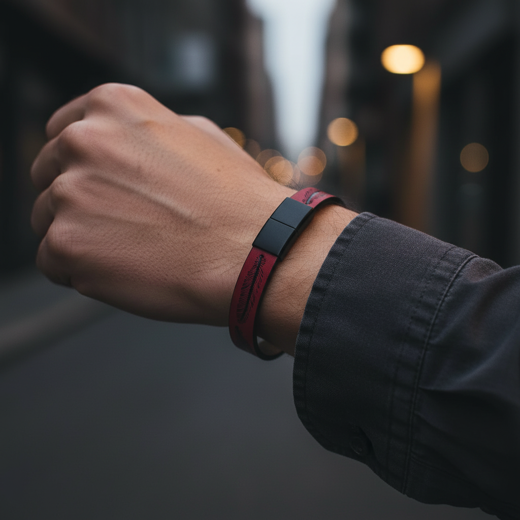 Feather Leather Bracelet - Male Red Dark Urban