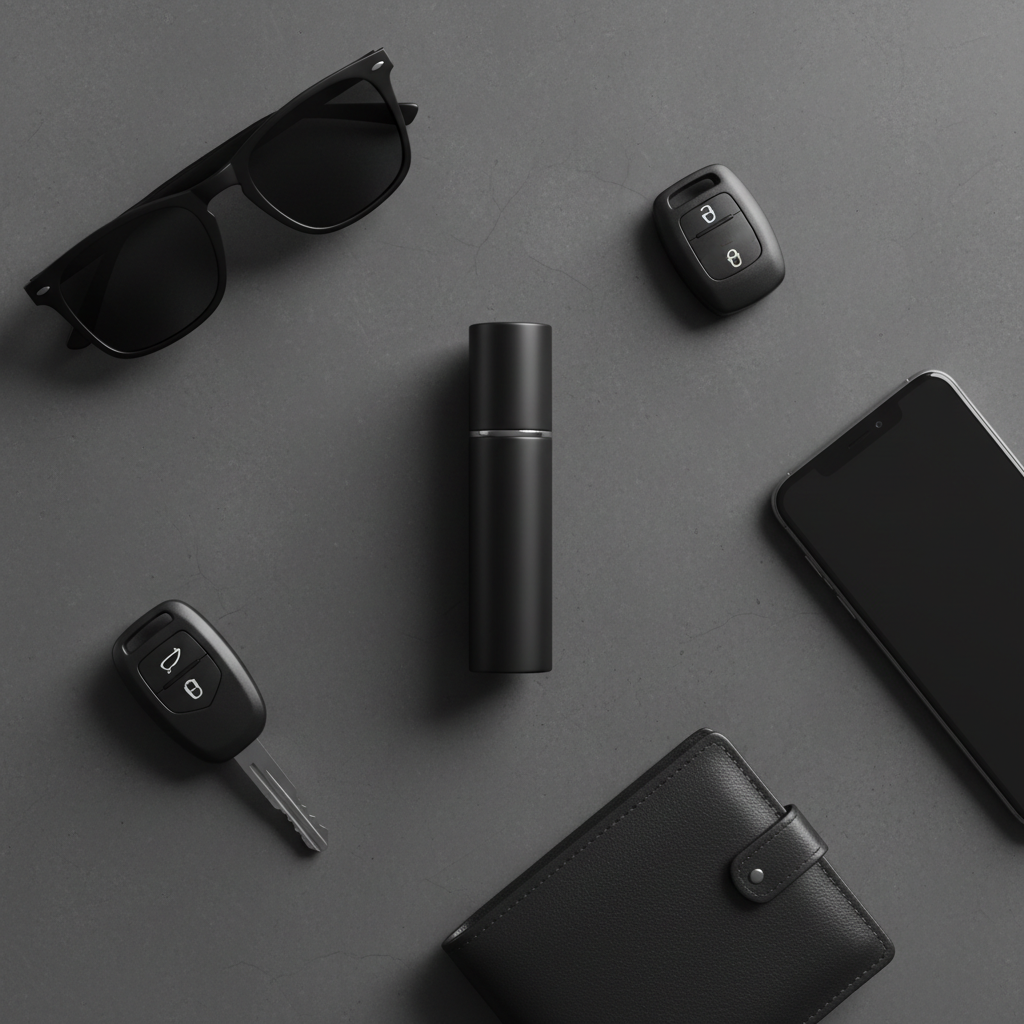 Flat lay con atomizador negro